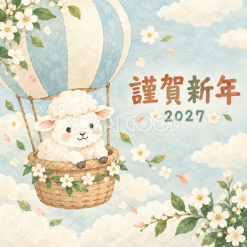 ふわふわ雲の気球｜まんまる羊の年賀状背景・無料イラスト素材・文字なし版あり 110932