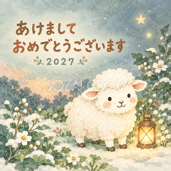 星あかりのランタン｜まんまる羊の年賀状背景・無料イラスト素材・文字なし版あり 110935