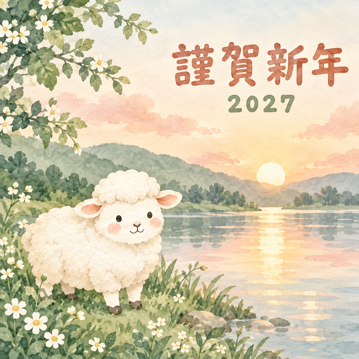 夜明けの湖畔｜まんまる羊の年賀状背景・無料イラスト素材・文字なし版あり 110936に写真・文字を入れる