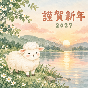 夜明けの湖畔｜まんまる羊の年賀状背景・無料イラスト素材・文字なし版あり 110936