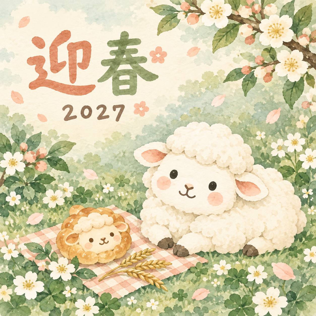 森の小さなパン屋｜まんまる羊の年賀状背景・無料イラスト素材・文字なし版あり 110937に写真・文字を入れる