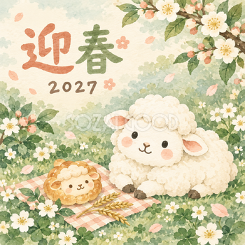 森の小さなパン屋｜まんまる羊の年賀状背景・無料イラスト素材・文字なし版あり 110937