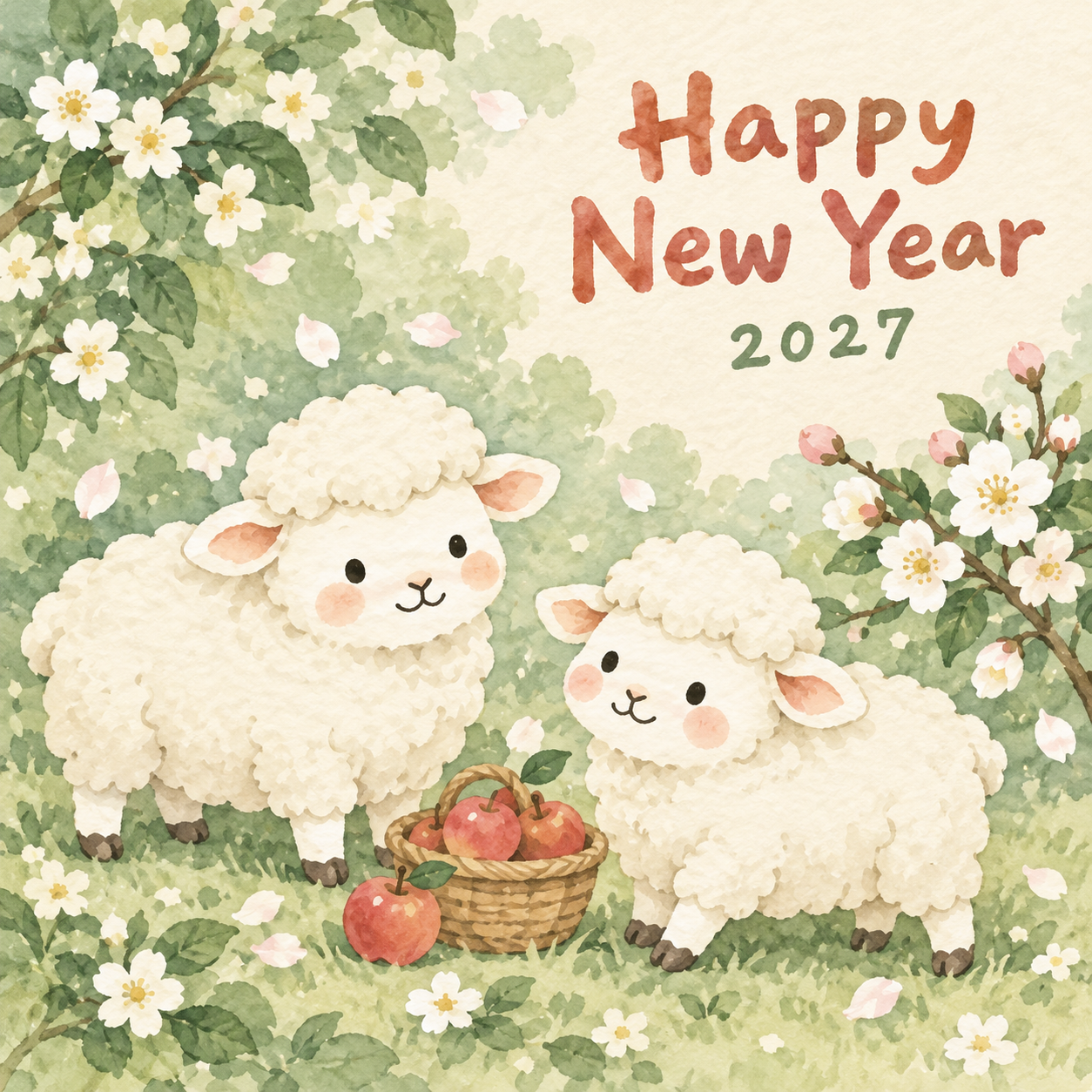 りんごのおすそわけ｜まんまる羊の年賀状背景・無料イラスト素材・文字なし版あり 110938に写真・文字を入れる