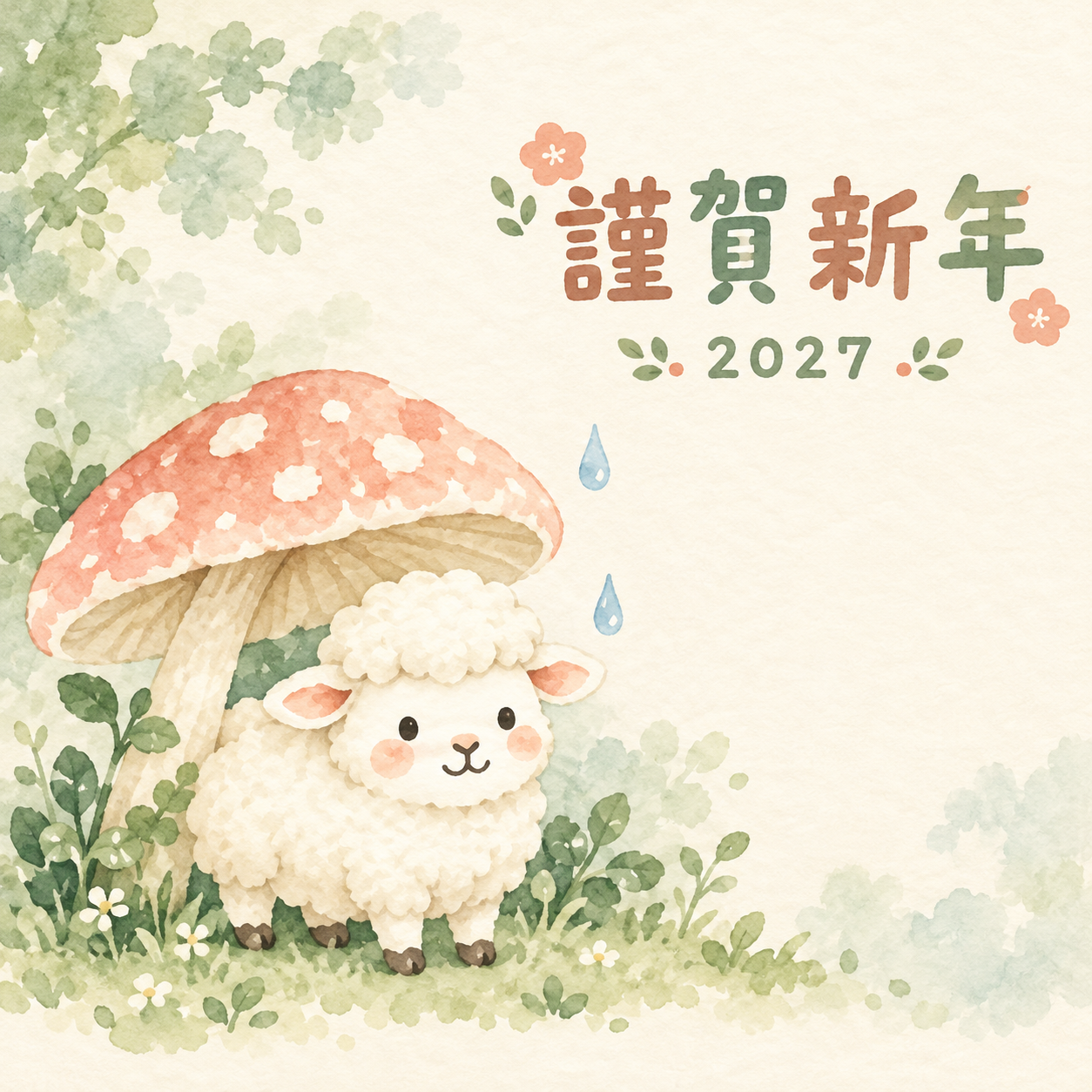 きのこの雨やどり｜まんまる羊の年賀状背景・無料イラスト素材・文字なし版あり 110940に写真・文字を入れる