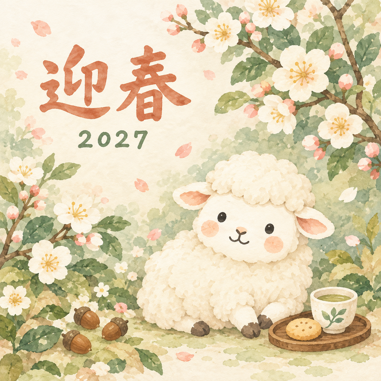 木の実のティータイム｜まんまる羊の年賀状背景・無料イラスト素材・文字なし版あり 110941に写真・文字を入れる