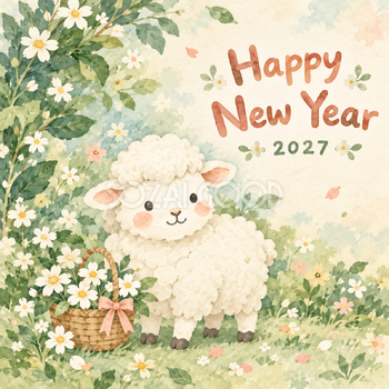 花かごのお届け｜まんまる羊の年賀状背景・無料イラスト素材・文字なし版あり 110942