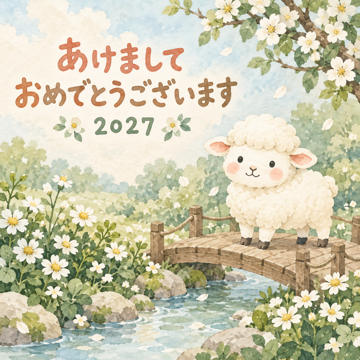 小さな橋をわたって｜まんまる羊の年賀状背景・無料イラスト素材・文字なし版あり 110943に写真・文字を入れる