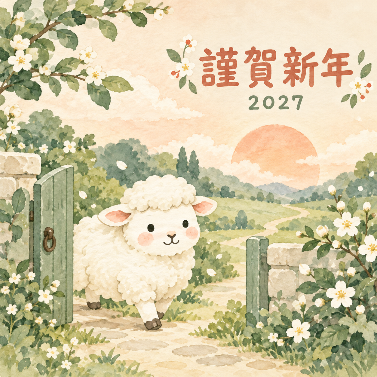 木の門のむこうへ｜まんまる羊の年賀状背景・無料イラスト素材・文字なし版あり 110944に写真・文字を入れる