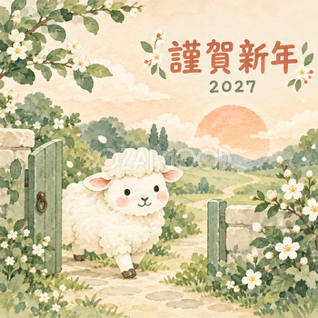木の門のむこうへ｜まんまる羊の年賀状背景・無料イラスト素材・文字なし版あり 110944