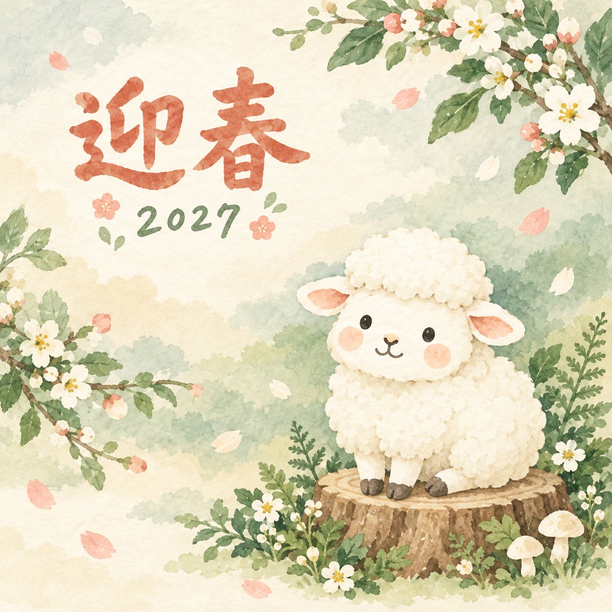森の切り株でおすわり｜まんまる羊の年賀状背景・無料イラスト素材・文字なし版あり 110945に写真・文字を入れる
