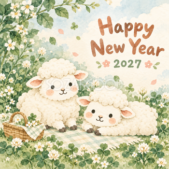 クローバーのピクニック｜まんまる羊の年賀状背景・無料イラスト素材・文字なし版あり 110946