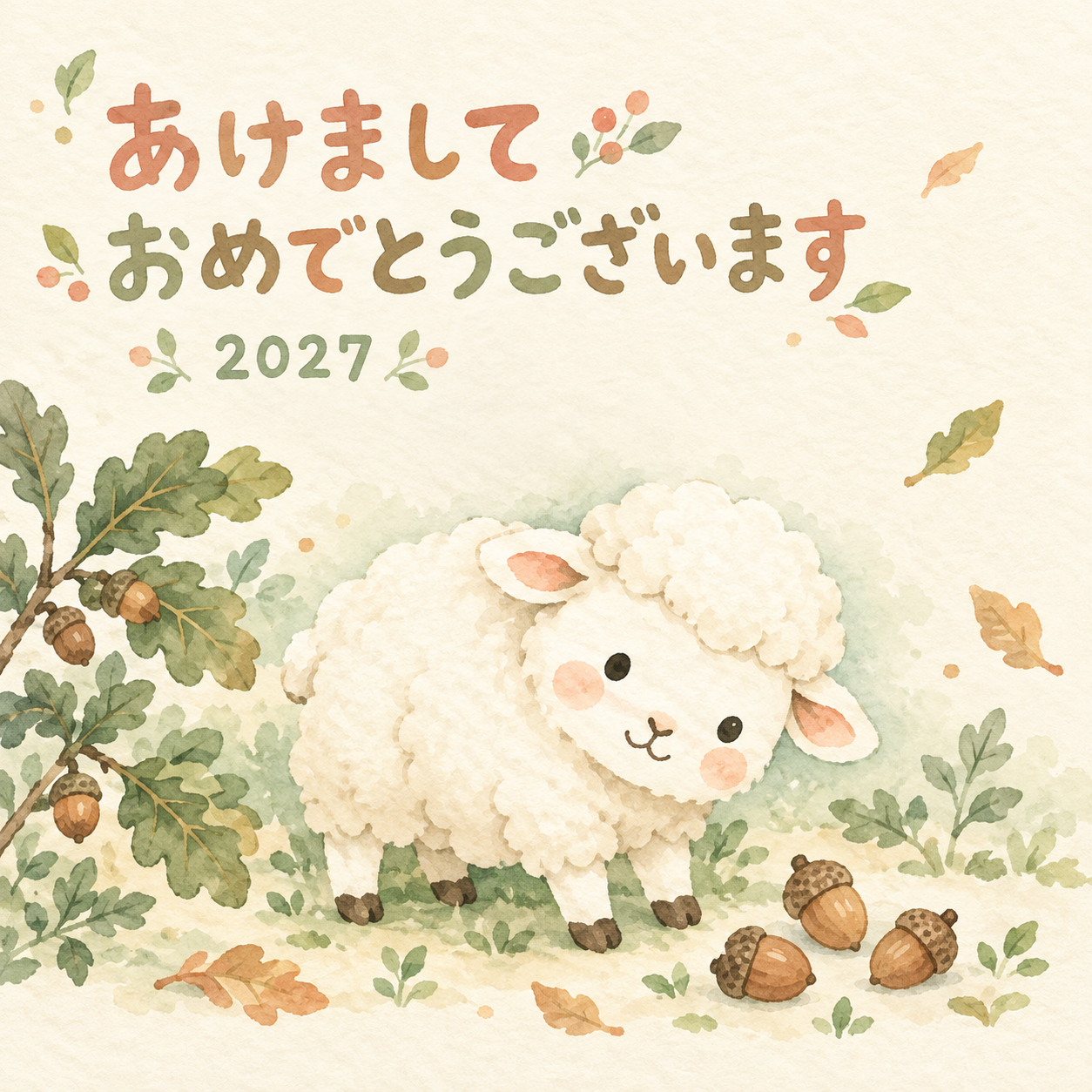 どんぐりころん｜まんまる羊の年賀状背景・無料イラスト素材・文字なし版あり 110947に写真・文字を入れる