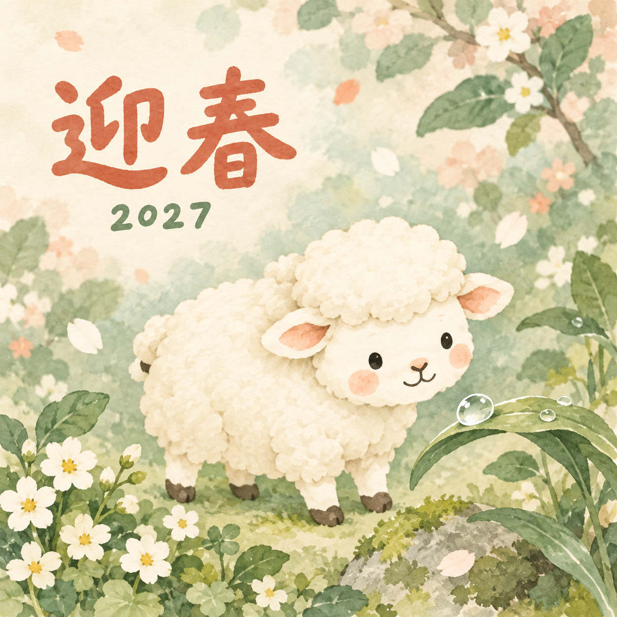葉っぱのしずく｜まんまる羊の年賀状背景・無料イラスト素材・文字なし版あり 110949に写真・文字を入れる