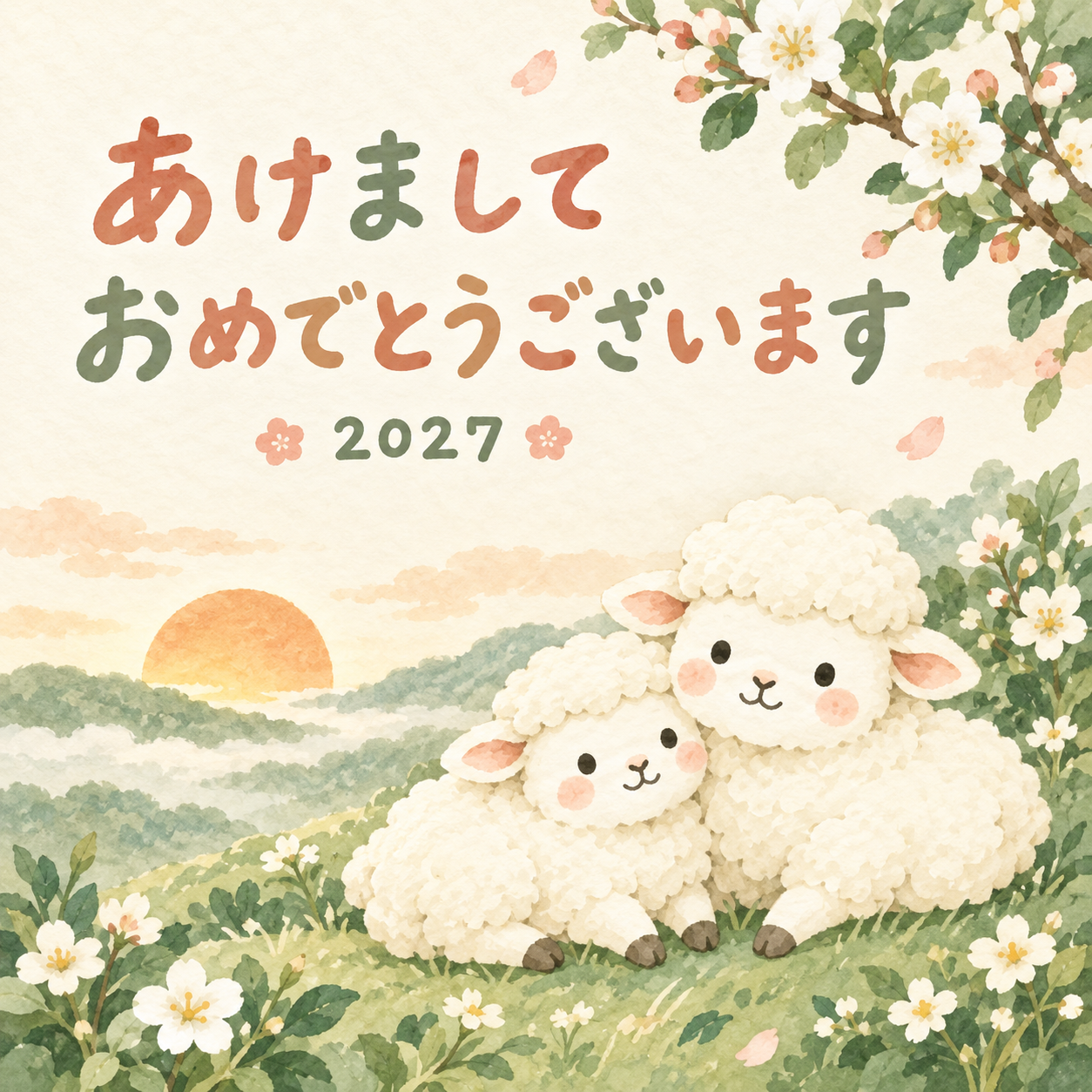 おひさまのひなたぼっこ｜まんまる羊の年賀状背景・無料イラスト素材・文字なし版あり 110951に写真・文字を入れる