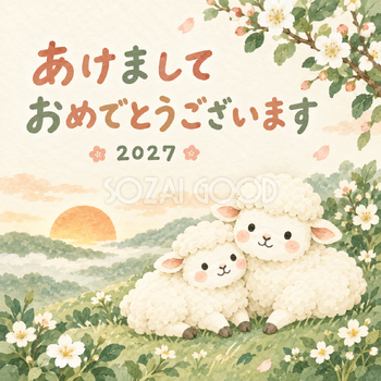 おひさまのひなたぼっこ｜まんまる羊の年賀状背景・無料イラスト素材・文字なし版あり 110951