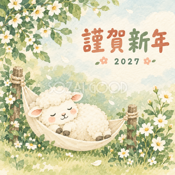 白い花のハンモック｜まんまる羊の年賀状背景・無料イラスト素材・文字なし版あり 110952
