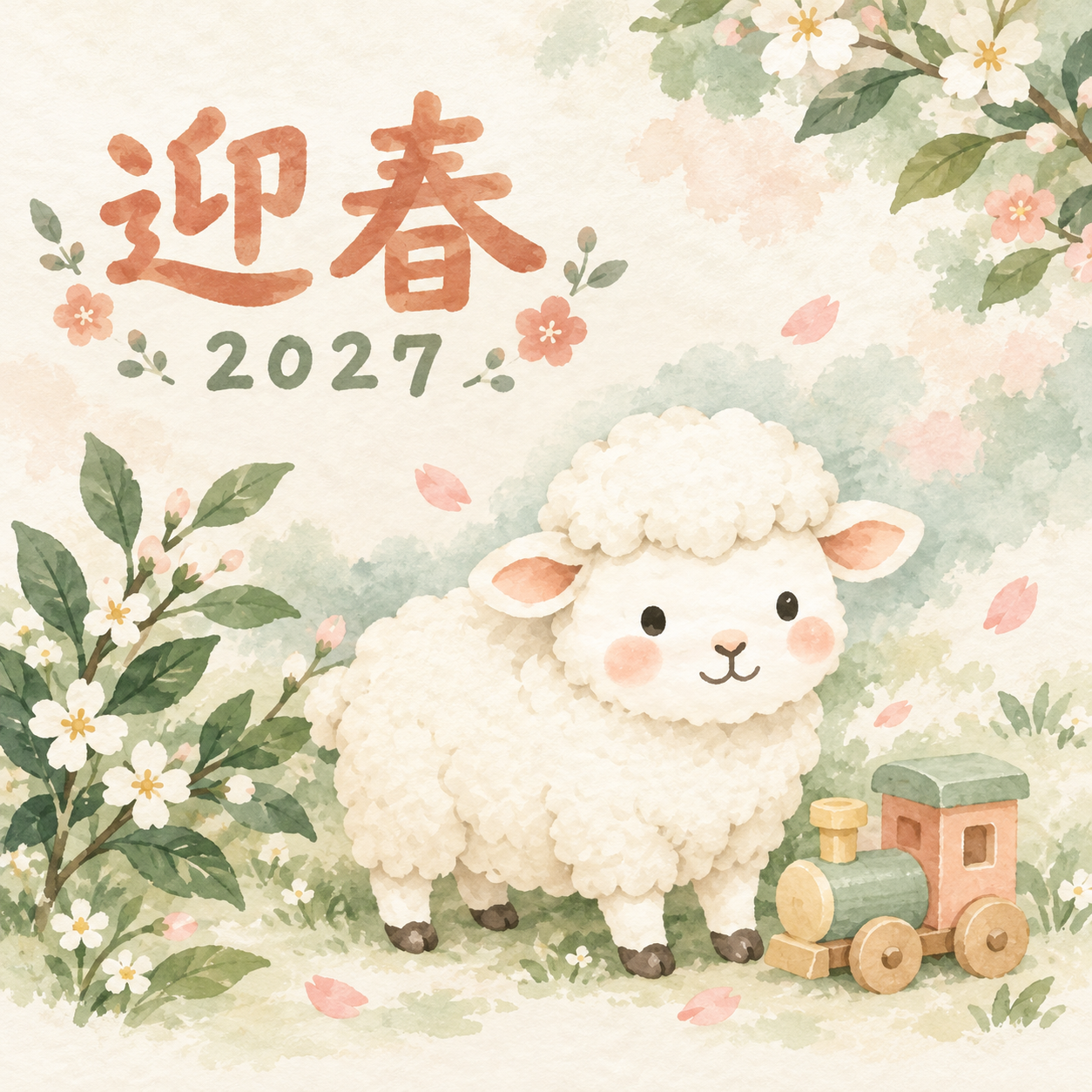小さな汽車にこんにちは｜まんまる羊の年賀状背景・無料イラスト素材・文字なし版あり 110953に写真・文字を入れる