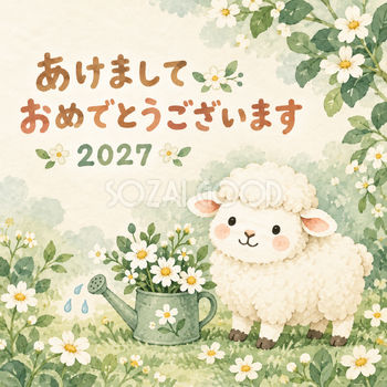 お花のじょうろ｜まんまる羊の年賀状背景・無料イラスト素材・文字なし版あり 110955