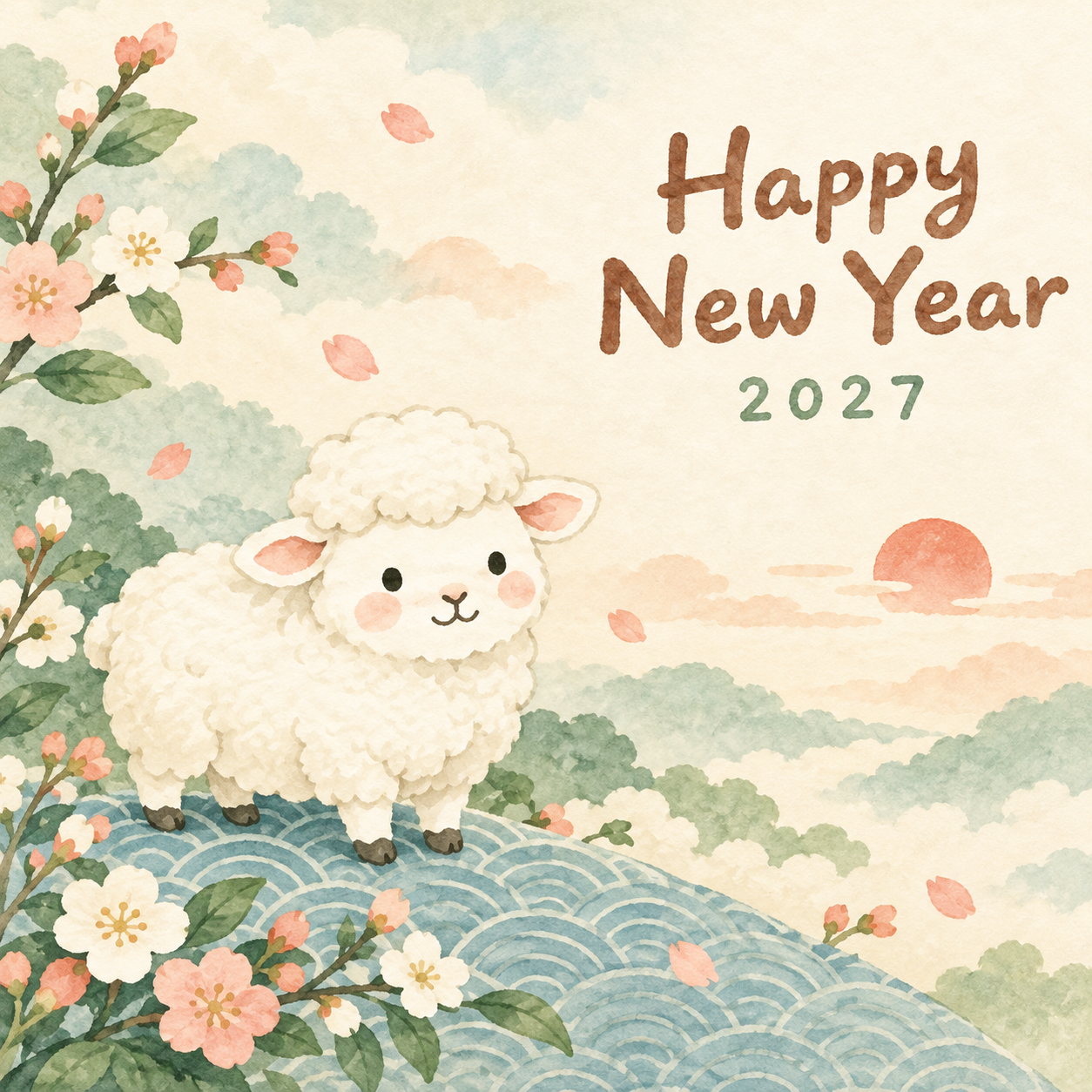青海波のなだらかな丘｜まんまる羊の年賀状背景・無料イラスト素材・文字なし版あり 110958に写真・文字を入れる
