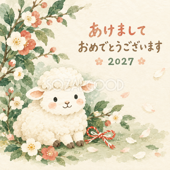 紅白の小さな結び｜まんまる羊の年賀状背景・無料イラスト素材・文字なし版あり 110963