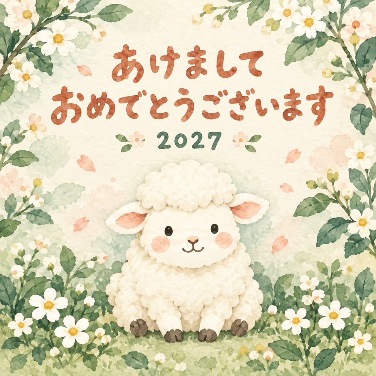 おすわりの正面顔｜まんまる羊の年賀状背景・無料イラスト素材・文字なし版あり 110967に写真・文字を入れる