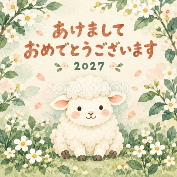 おすわりの正面顔｜まんまる羊の年賀状背景・無料イラスト素材・文字なし版あり 110967
