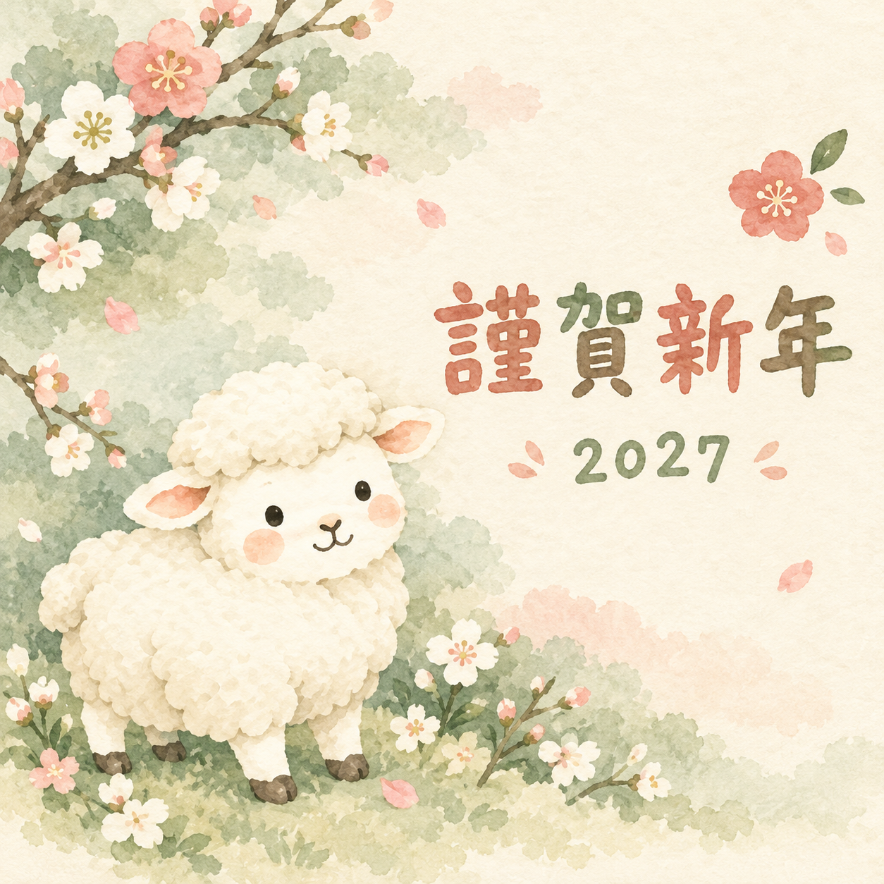 横顔でにっこり｜まんまる羊の年賀状背景・無料イラスト素材・文字なし版あり 110968に写真・文字を入れる