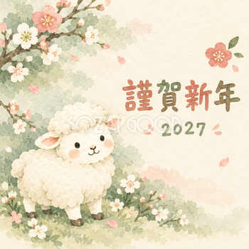 横顔でにっこり｜まんまる羊の年賀状背景・無料イラスト素材・文字なし版あり 110968