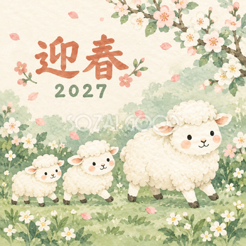 親子でおさんぽ｜まんまる羊の年賀状背景・無料イラスト素材・文字なし版あり 110969