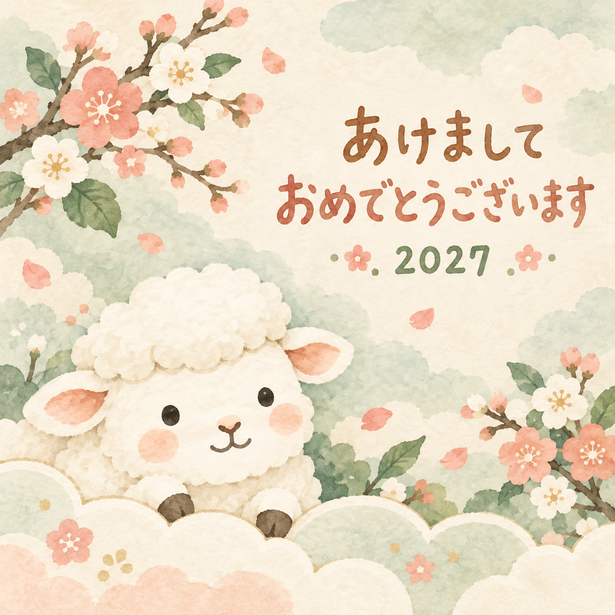 ひょっこりお耳｜まんまる羊の年賀状背景・無料イラスト素材・文字なし版あり 110971に写真・文字を入れる