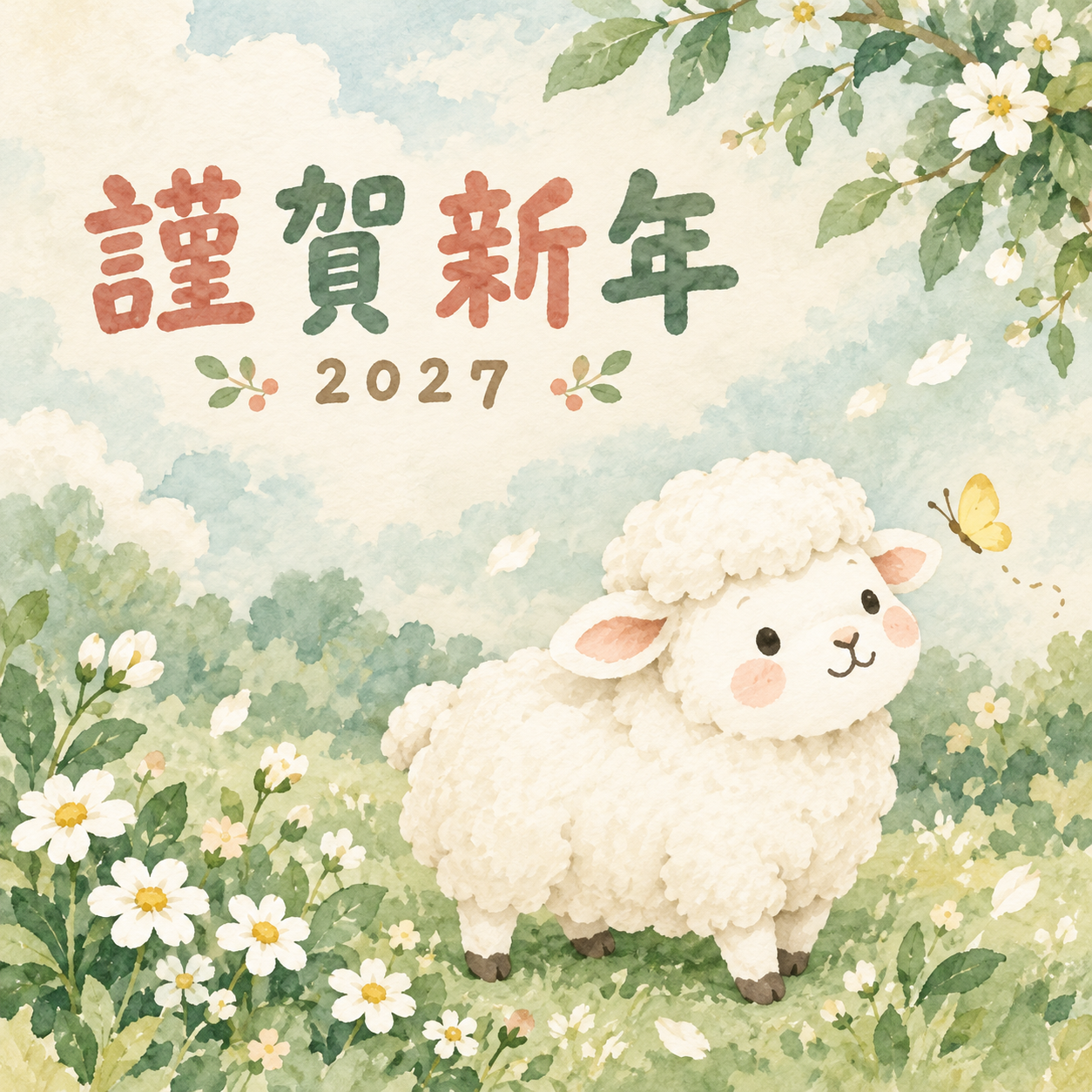ちょうちょと目があって｜まんまる羊の年賀状背景・無料イラスト素材・文字なし版あり 110972に写真・文字を入れる