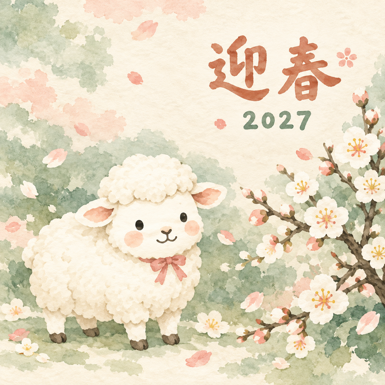 おめかしの小さなリボン｜まんまる羊の年賀状背景・無料イラスト素材・文字なし版あり 110973に写真・文字を入れる