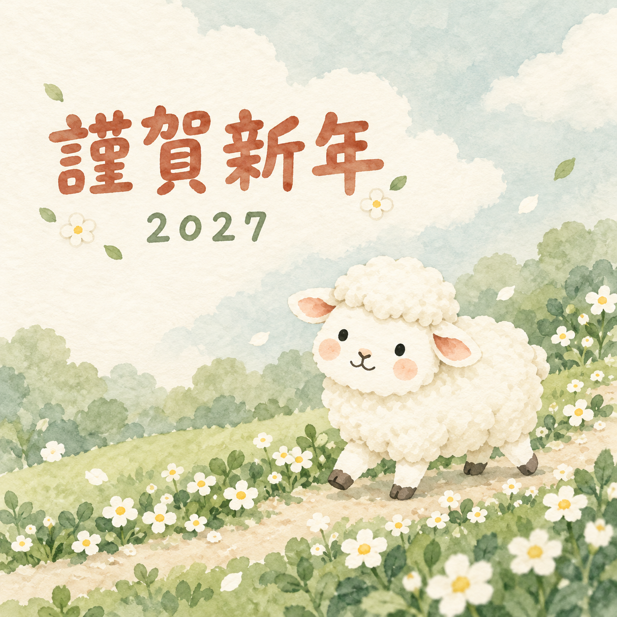 まあるい花の小径｜まんまる羊の年賀状背景・無料イラスト素材・文字なし版あり 110976に写真・文字を入れる
