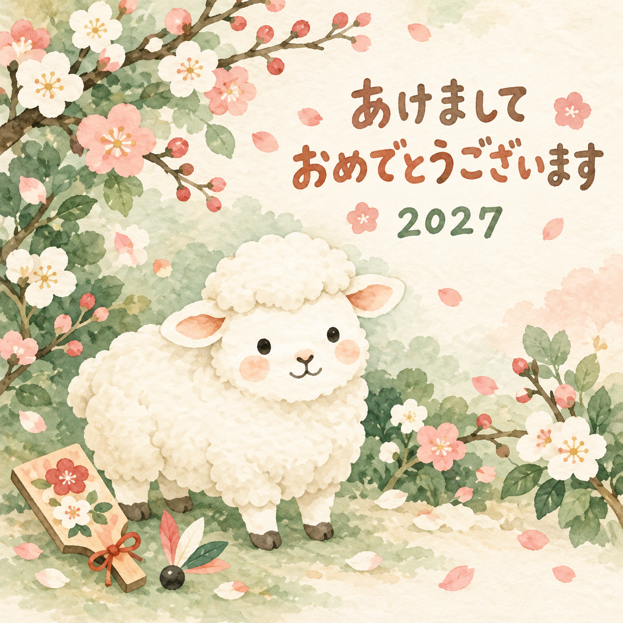 羽根つきの道具｜まんまる羊の年賀状背景・無料イラスト素材・文字なし版あり 110979に写真・文字を入れる