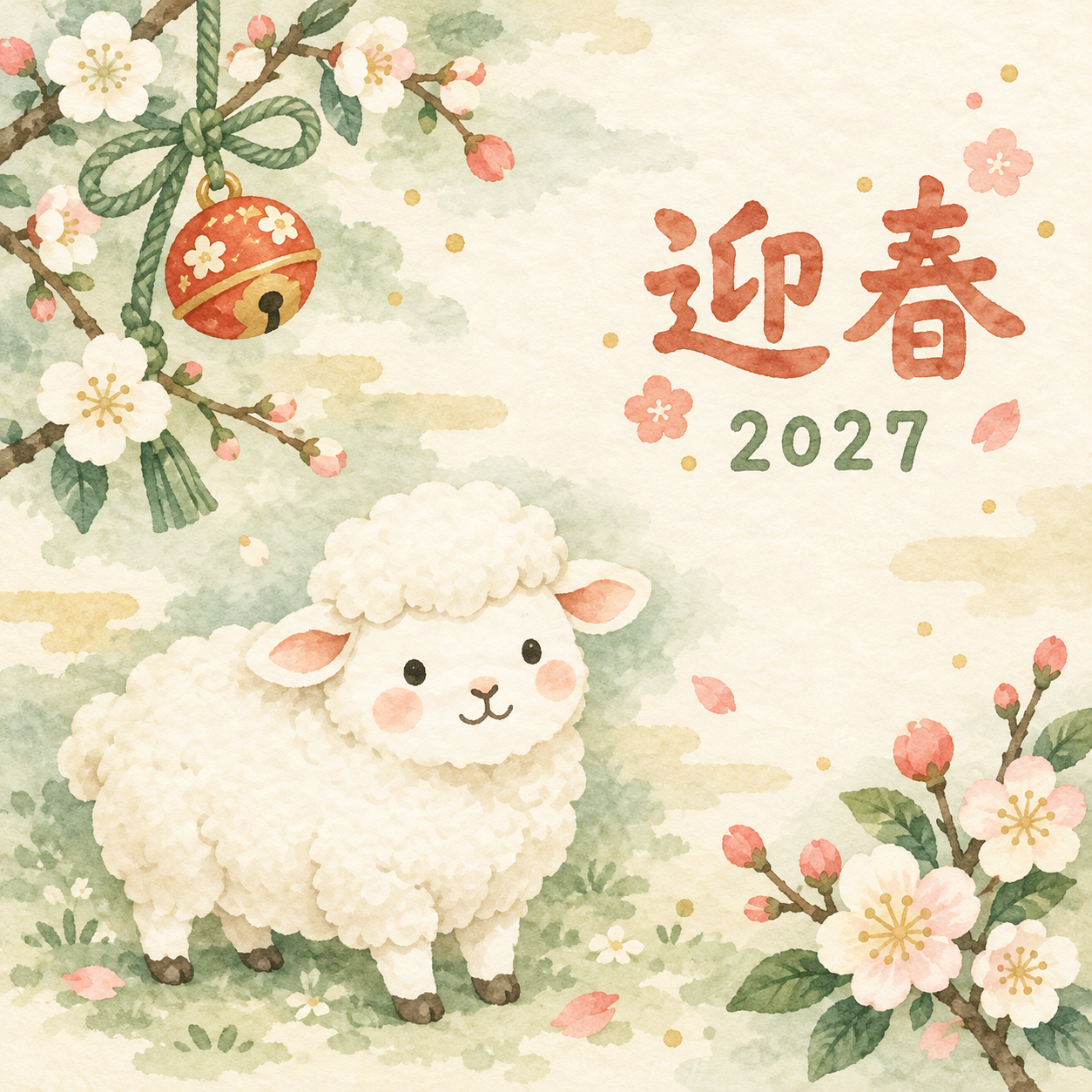 お正月の小さな鈴｜まんまる羊の年賀状背景・無料イラスト素材・文字なし版あり 110981に写真・文字を入れる