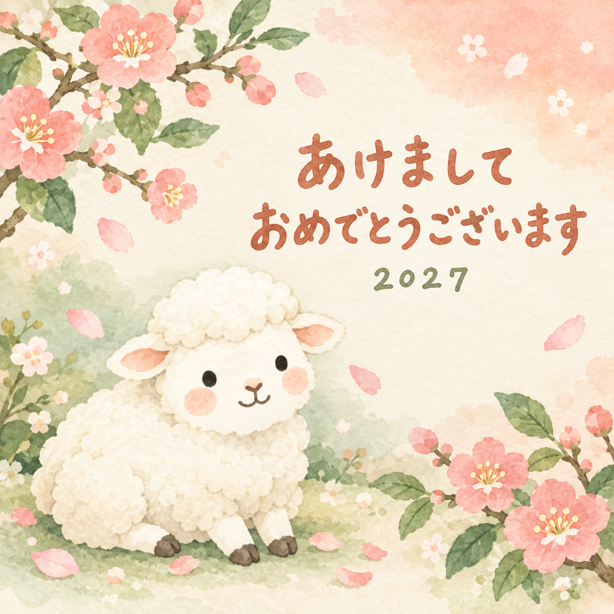 梅色の花びらの雨｜まんまる羊の年賀状背景・無料イラスト素材・文字なし版あり 110983に写真・文字を入れる