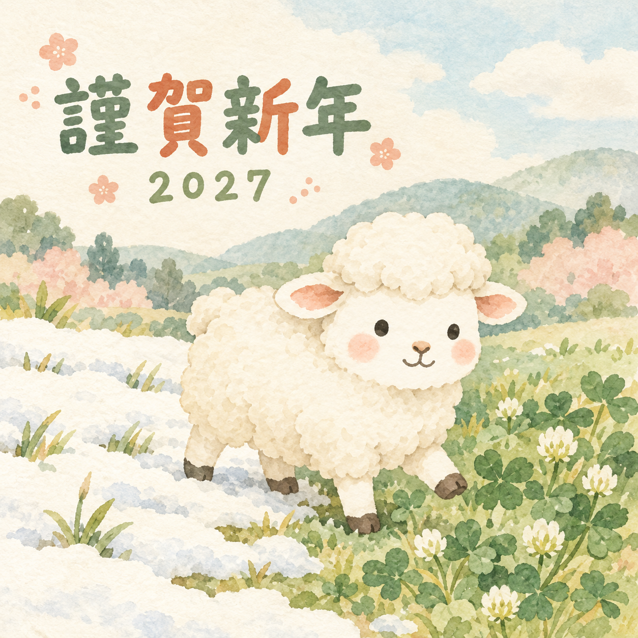 春への一歩｜まんまる羊の年賀状背景・無料イラスト素材・文字なし版あり 110984に写真・文字を入れる