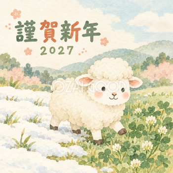 春への一歩｜まんまる羊の年賀状背景・無料イラスト素材・文字なし版あり 110984
