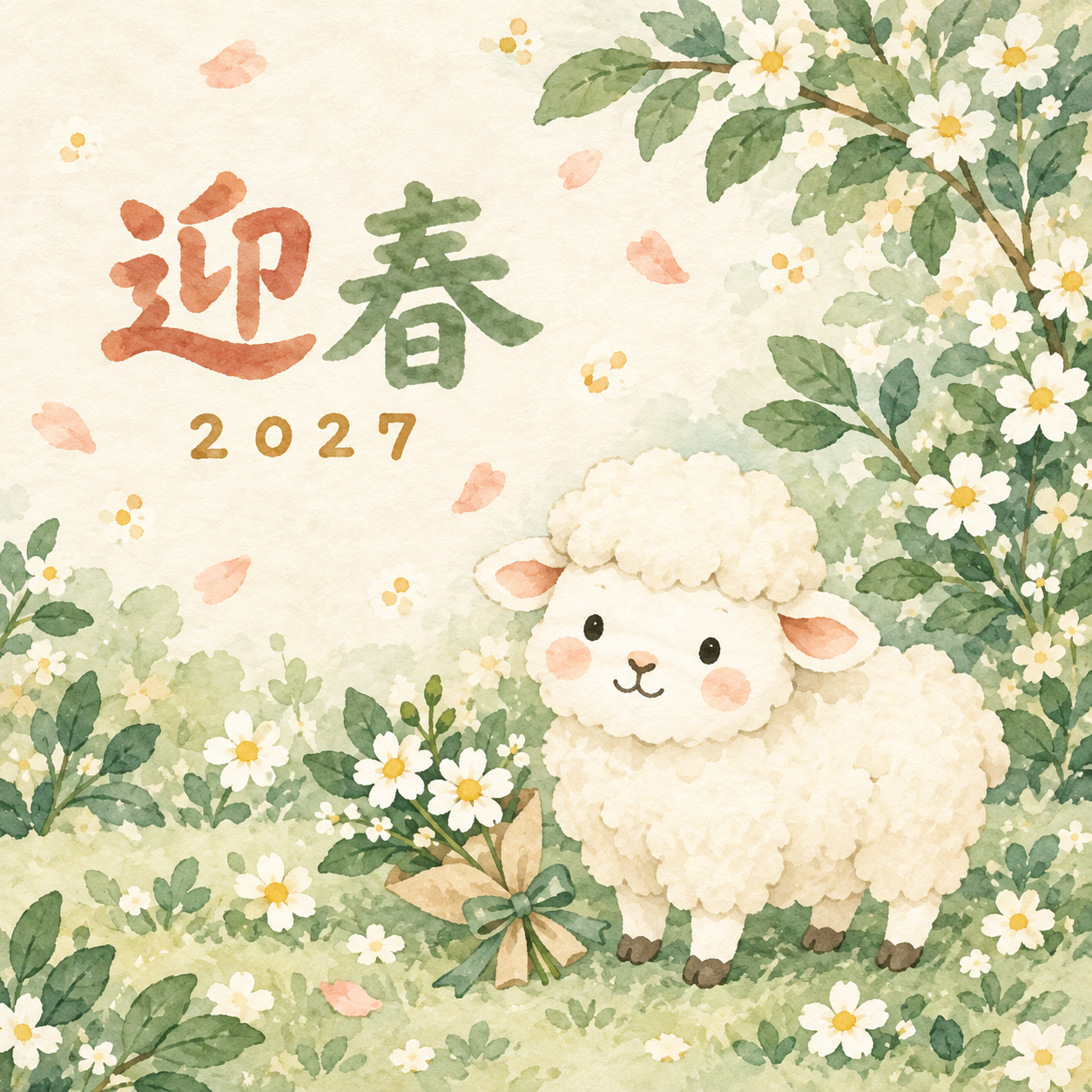 小さな花の贈りもの｜まんまる羊の年賀状背景・無料イラスト素材・文字なし版あり 110985に写真・文字を入れる