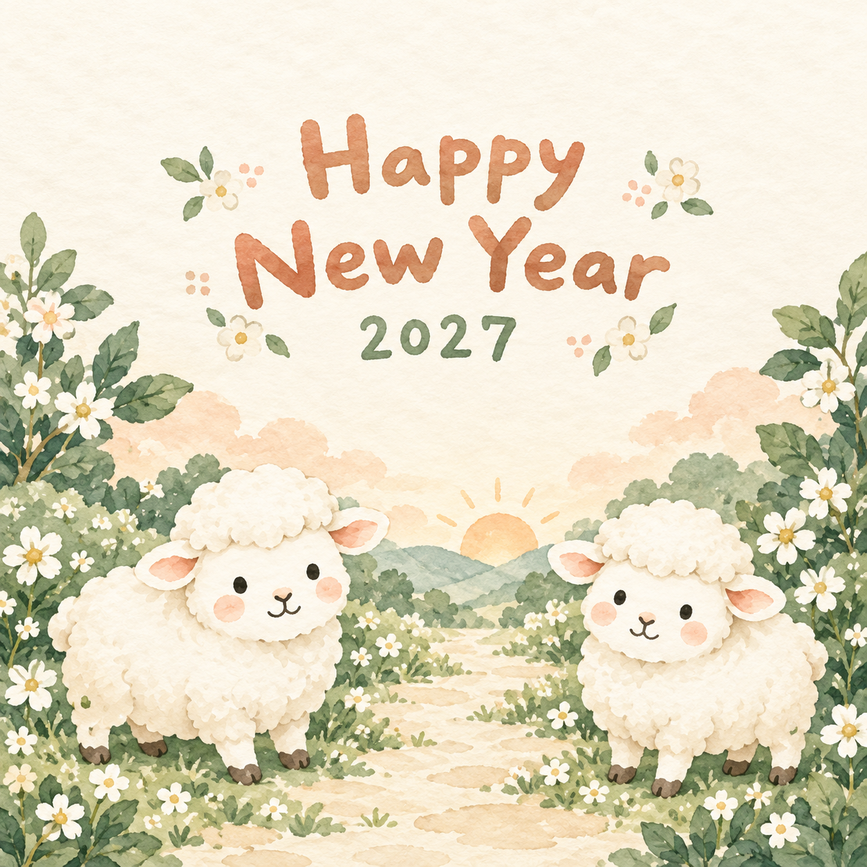ようこそ新しい年｜まんまる羊の年賀状背景・無料イラスト素材・文字なし版あり 110986に写真・文字を入れる