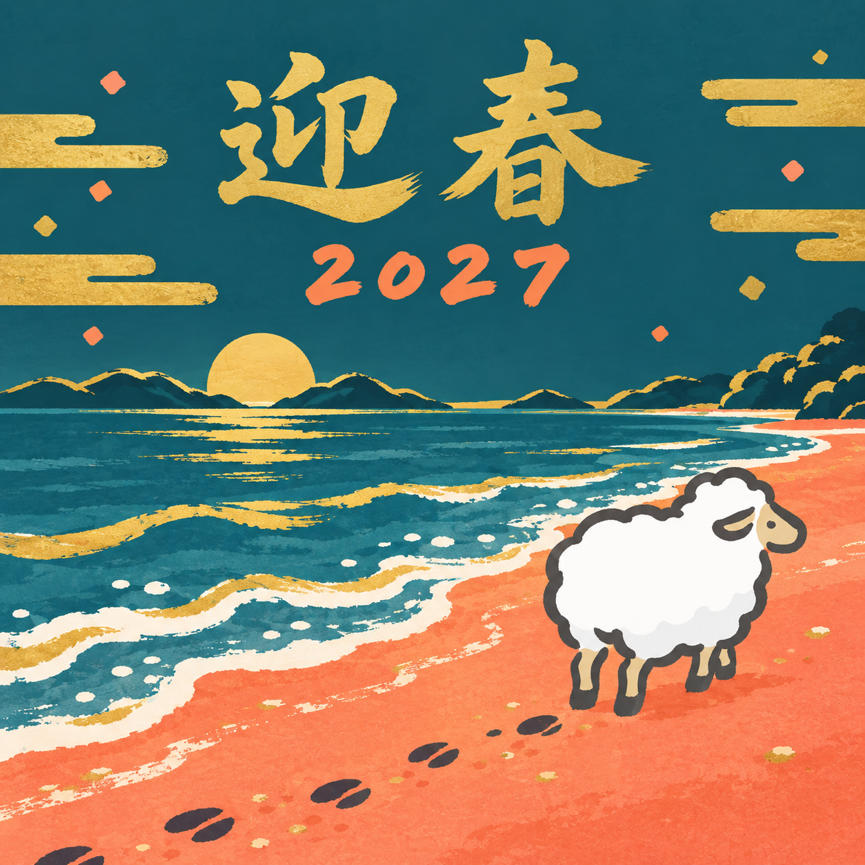 波打ち際の足あと｜筆書き羊の年賀状背景・無料イラスト素材・文字なし版あり 110997に写真・文字を入れる