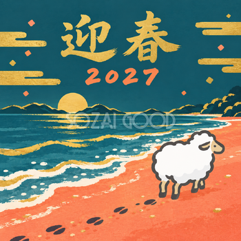 波打ち際の足あと｜筆書き羊の年賀状背景・無料イラスト素材・文字なし版あり 110997