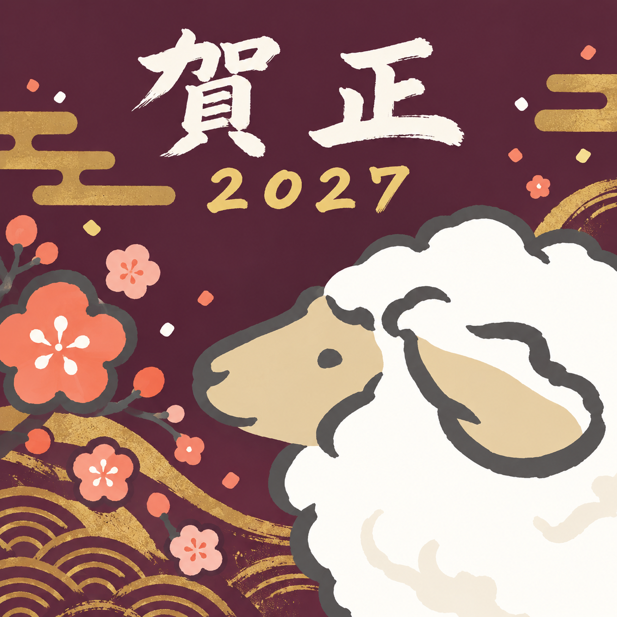 大きな耳の横顔｜筆書き羊の年賀状背景・無料イラスト素材・文字なし版あり 110998に写真・文字を入れる