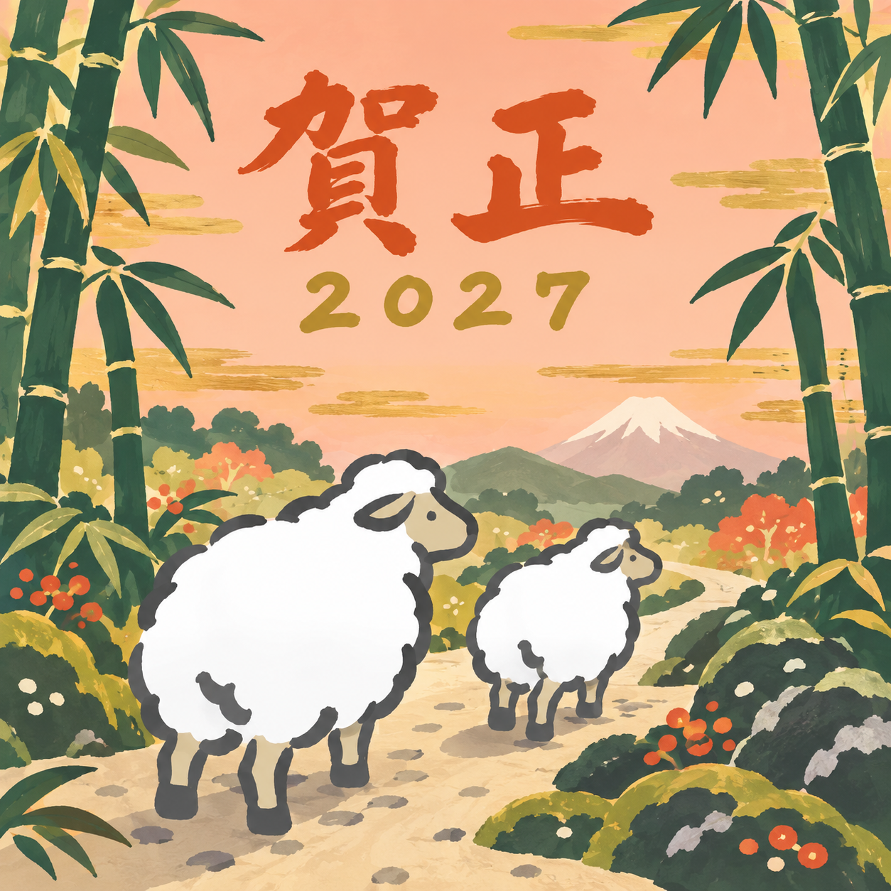 竹林の小道を歩く羊｜筆書き羊の年賀状背景・無料イラスト素材・文字なし版あり 111002に写真・文字を入れる