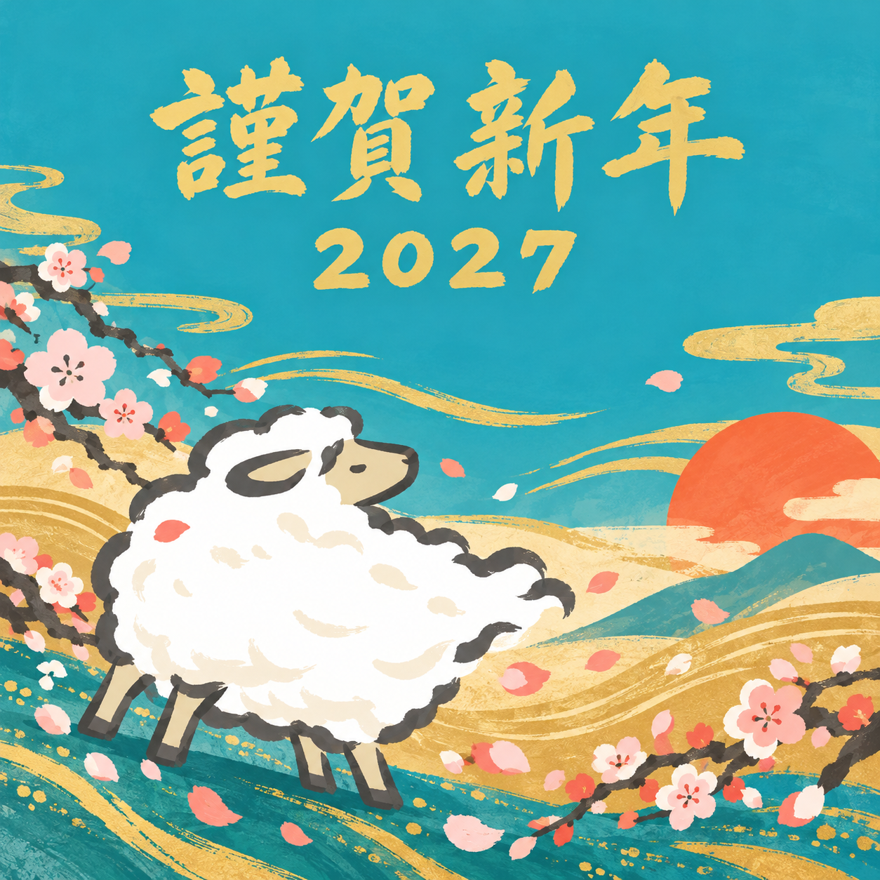 風になびく羊の毛｜筆書き羊の年賀状背景・無料イラスト素材・文字なし版あり 111003に写真・文字を入れる