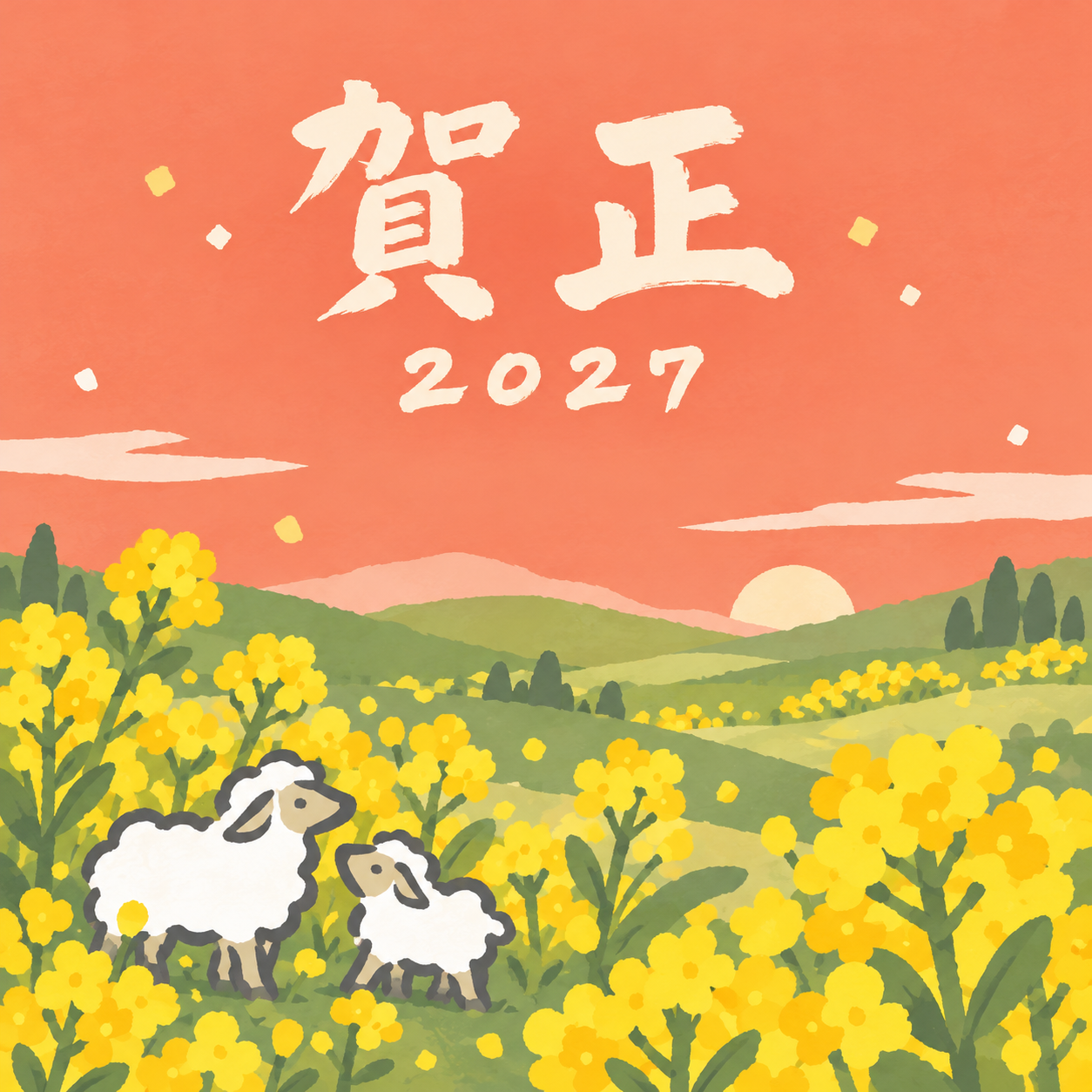 菜の花と小さな羊｜筆書き羊の年賀状背景・無料イラスト素材・文字なし版あり 111007に写真・文字を入れる