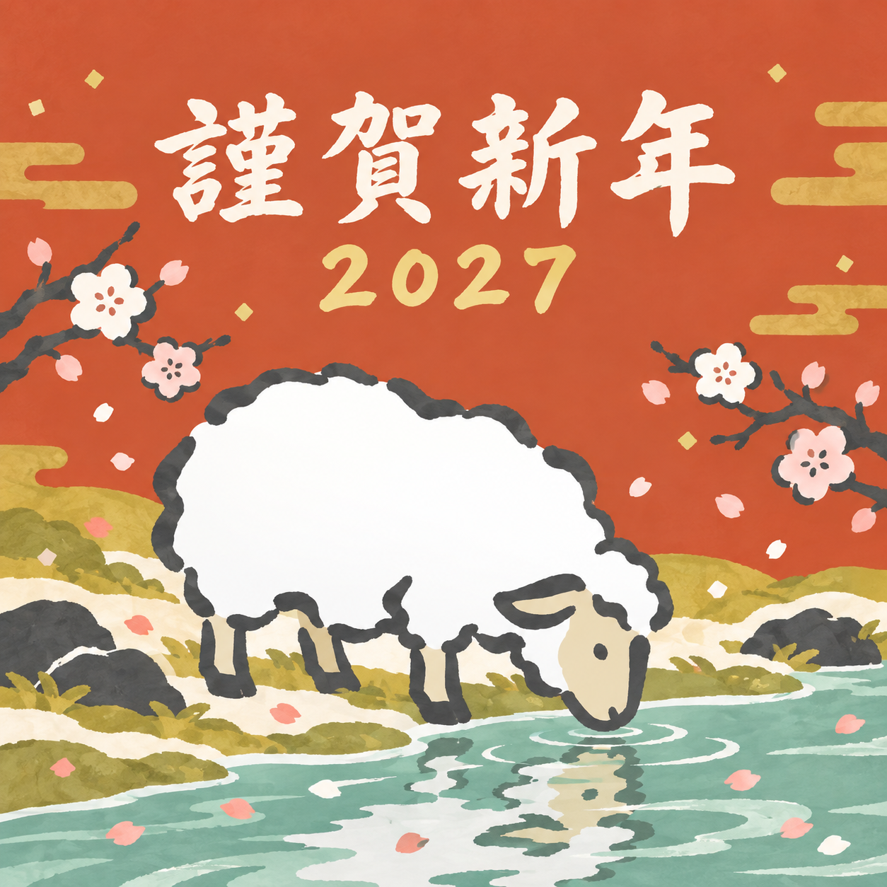 川面をのぞく羊｜筆書き羊の年賀状背景・無料イラスト素材・文字なし版あり 111008に写真・文字を入れる