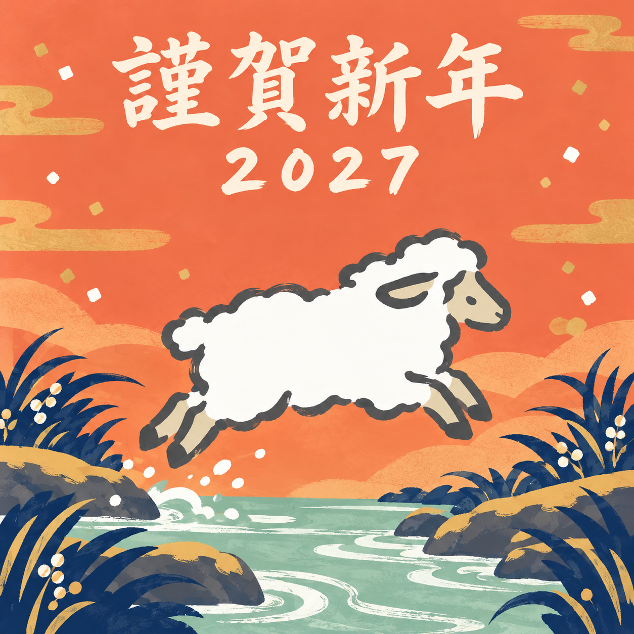 水辺を飛び越える子羊｜筆書き羊の年賀状背景・無料イラスト素材・文字なし版あり 111012に写真・文字を入れる