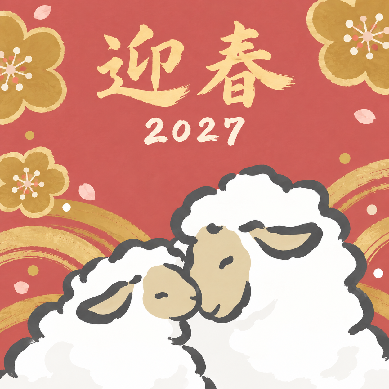 親子で頬を寄せて｜筆書き羊の年賀状背景・無料イラスト素材・文字なし版あり 111013に写真・文字を入れる