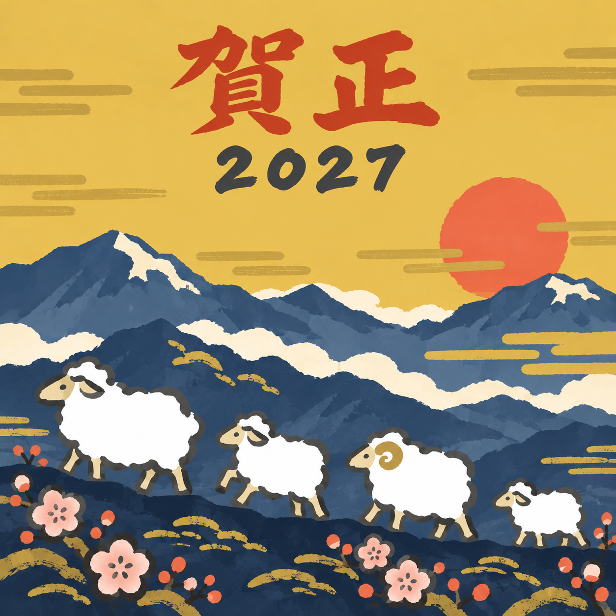 山並みと羊の行進｜筆書き羊の年賀状背景・無料イラスト素材・文字なし版あり 111015に写真・文字を入れる